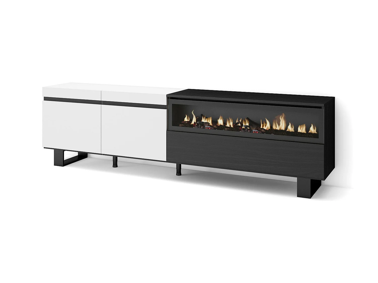 Meuble TV, Banc Télé, 200x35x57cm, Pour les TV jusqu'à 80", Cheminée électrique, Design industriel, Blanc et noir