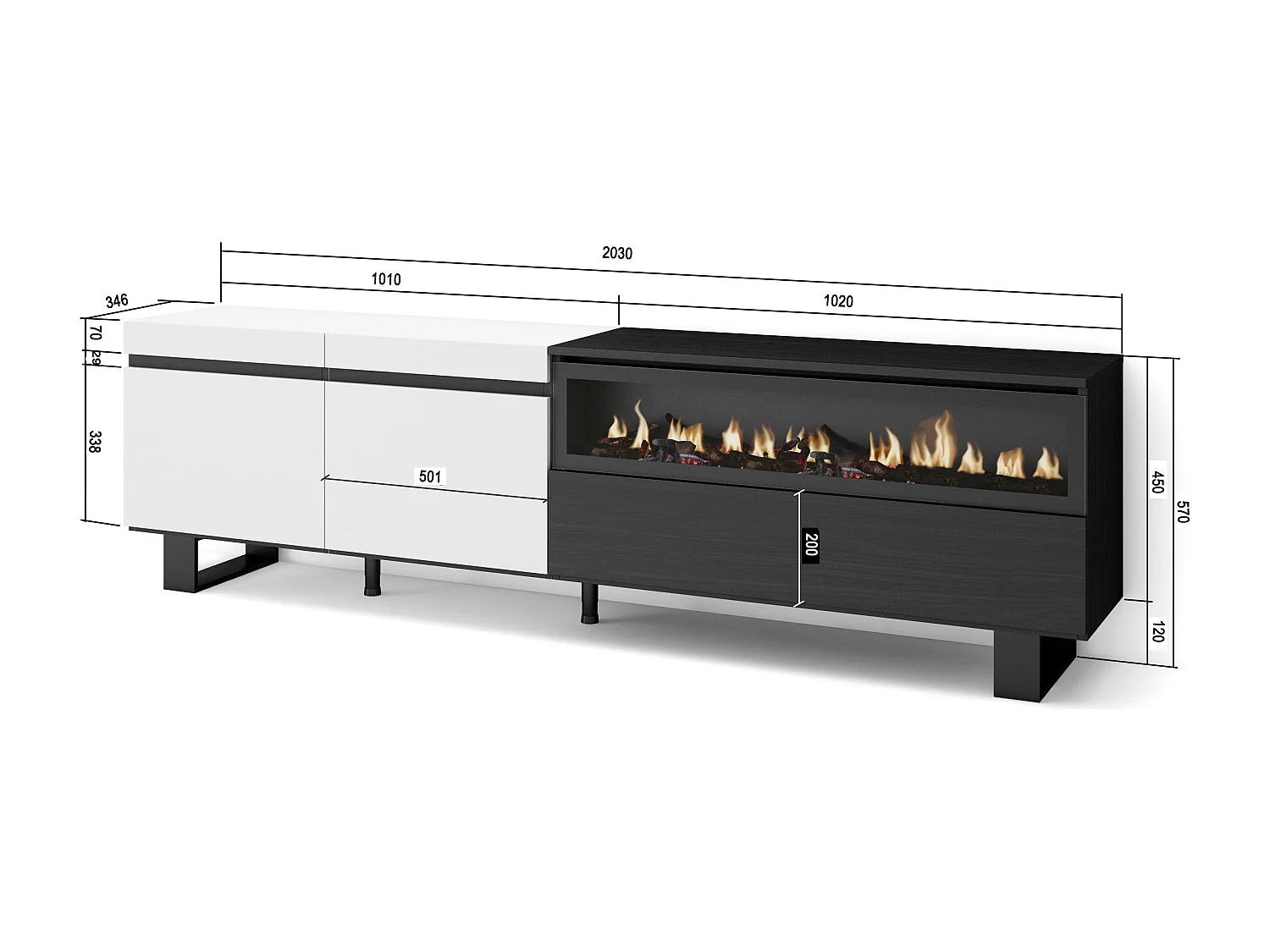 Meuble TV, Banc Télé, 200x35x57cm, Pour les TV jusqu'à 80", Cheminée électrique, Design industriel, Blanc et noir