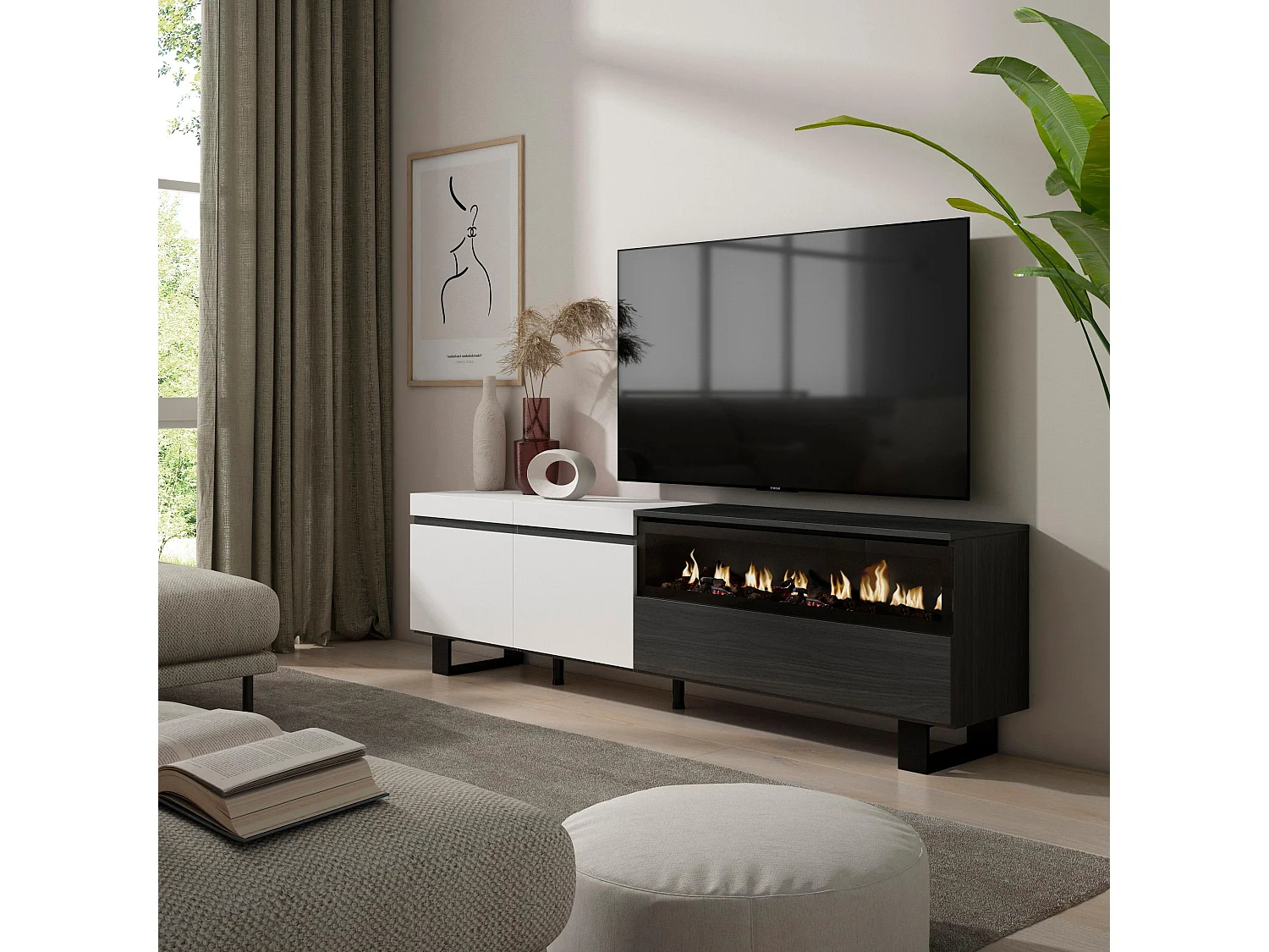 TV-Meubel, Lowboard, 200x35x57cm, Voor tv's tot 80", Elektrische haard, Industrieel design, Wit en Zwart