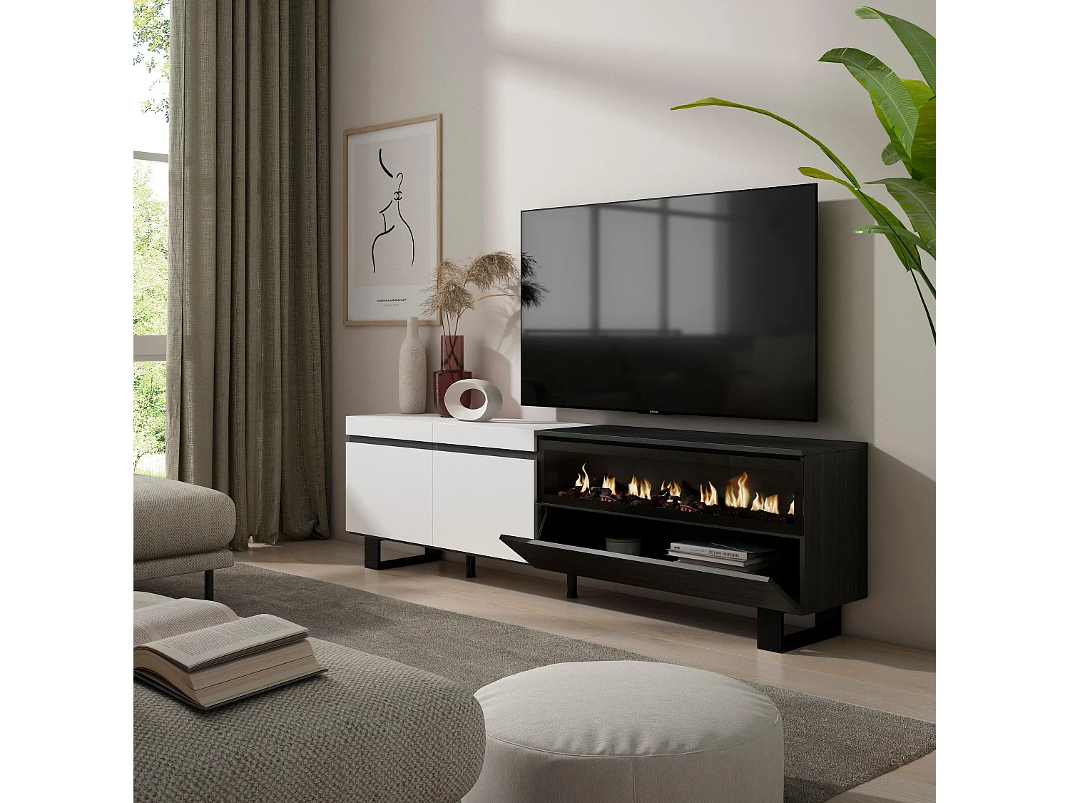 TV-Meubel, Lowboard, 200x35x57cm, Voor tv's tot 80", Elektrische haard, Industrieel design, Wit en Zwart