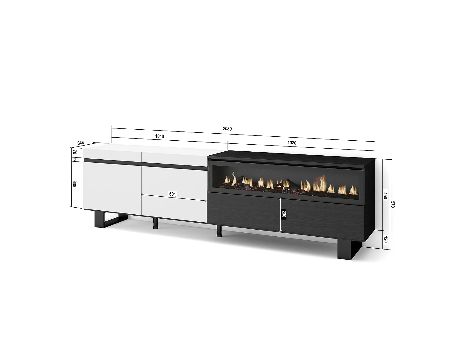 TV-Meubel, Lowboard, 200x35x57cm, Voor tv's tot 80", Elektrische haard, Industrieel design, Wit en Zwart