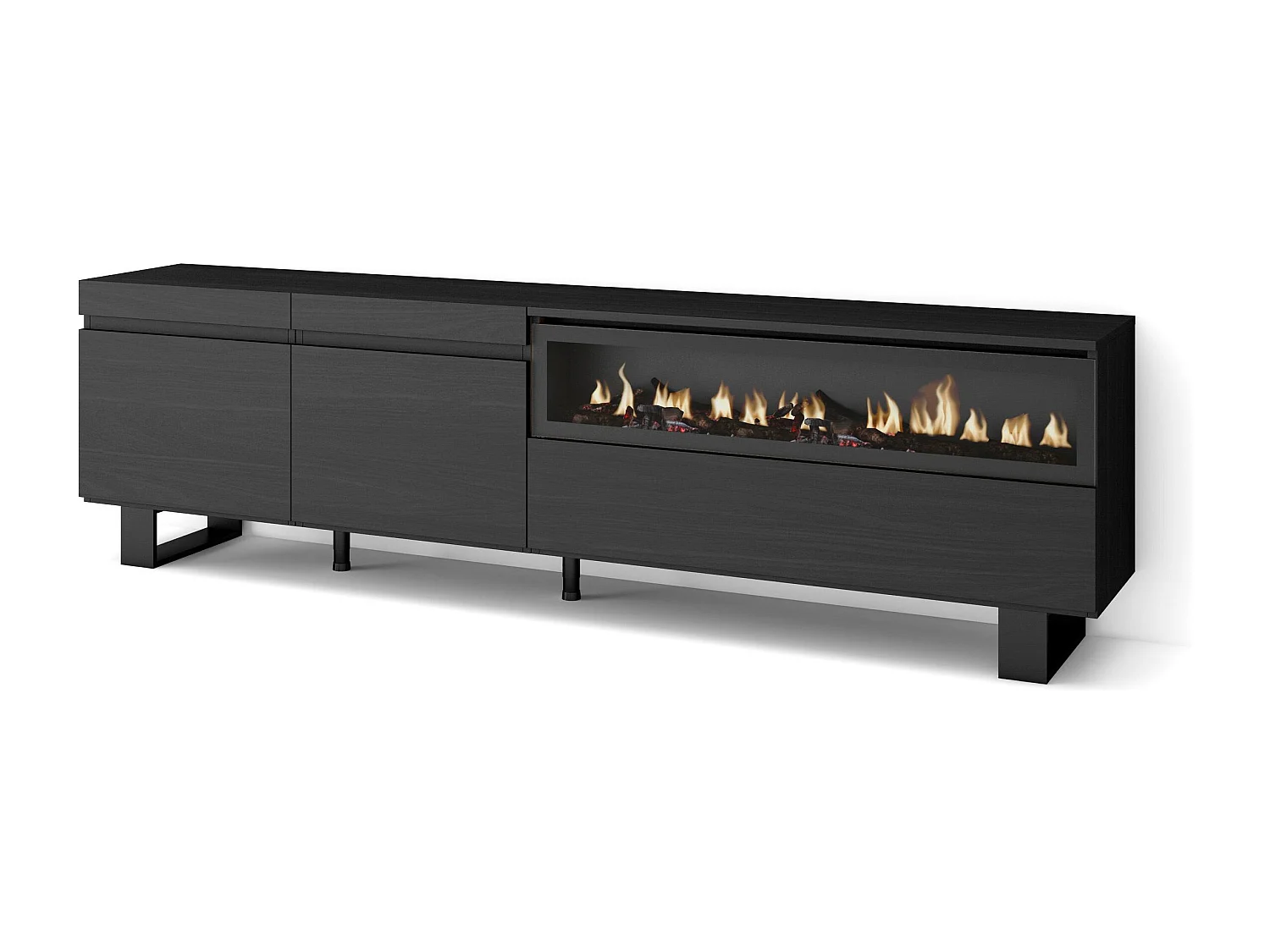 TV-Schrank, Lowboard, 200x35x57cm, Für TV-Geräte bis zu 80", Elektrokamin, Industriedesign, Schwarz