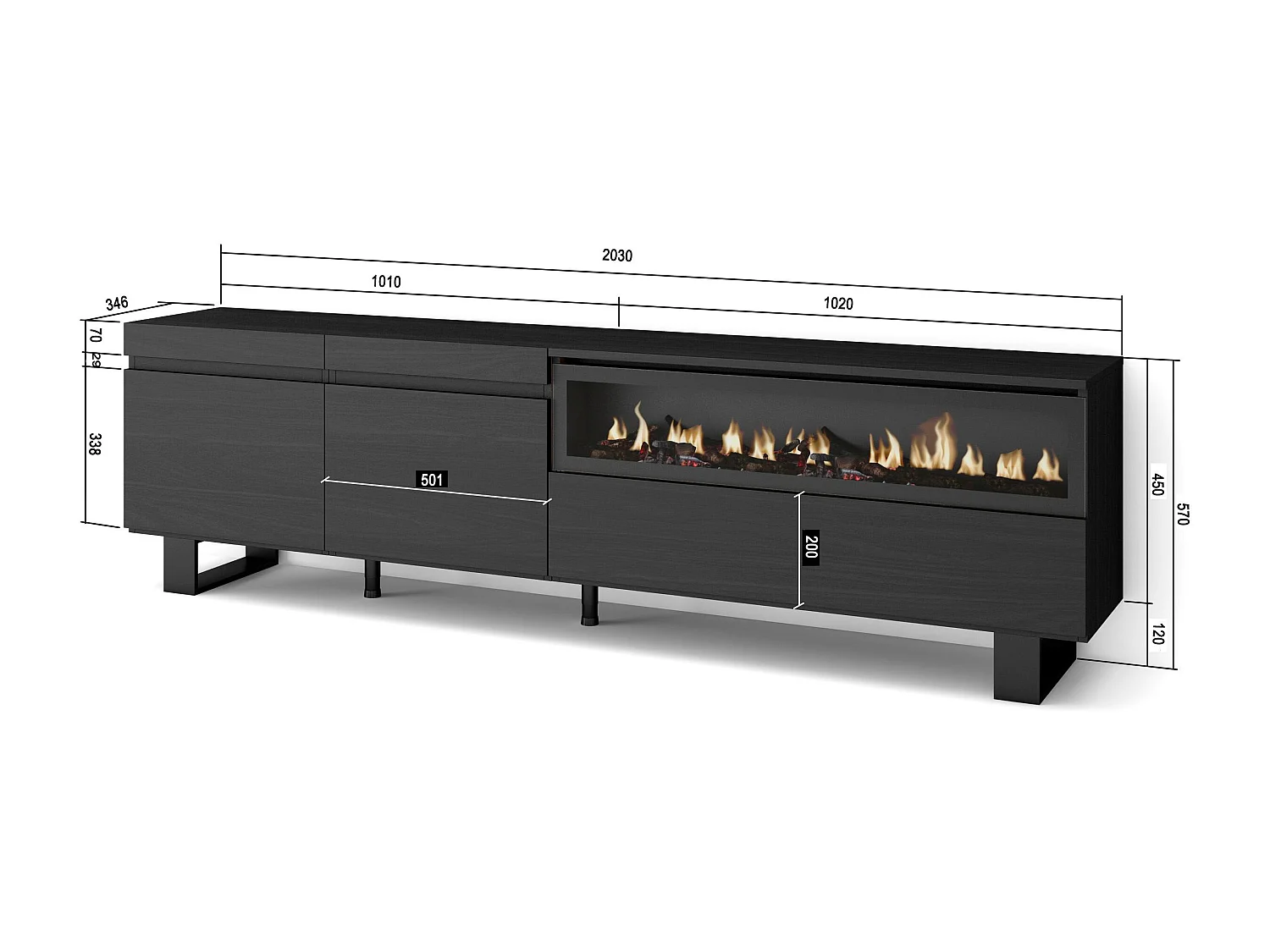 TV-Schrank, Lowboard, 200x35x57cm, Für TV-Geräte bis zu 80", Elektrokamin, Industriedesign, Schwarz