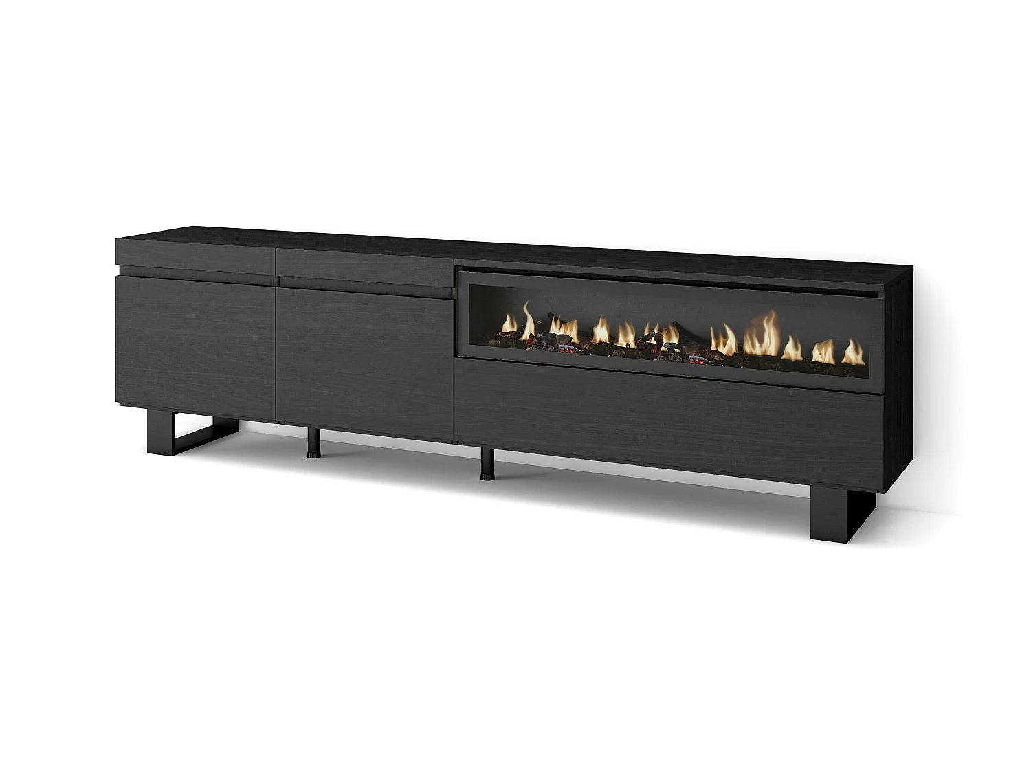 Meuble TV, Banc Télé, 200x35x57cm, Pour les TV jusqu'à 80", Cheminée électrique, Design industriel, Noir