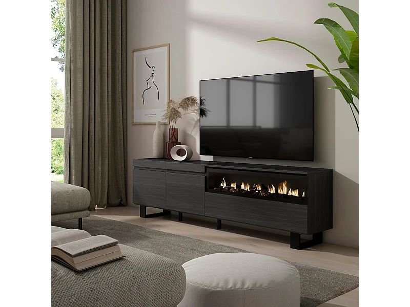 Mueble TV, Televisión, 200x35x57cm, Para TV hasta 80", Chimenea eléctrica, Diseño industrial, Negro
