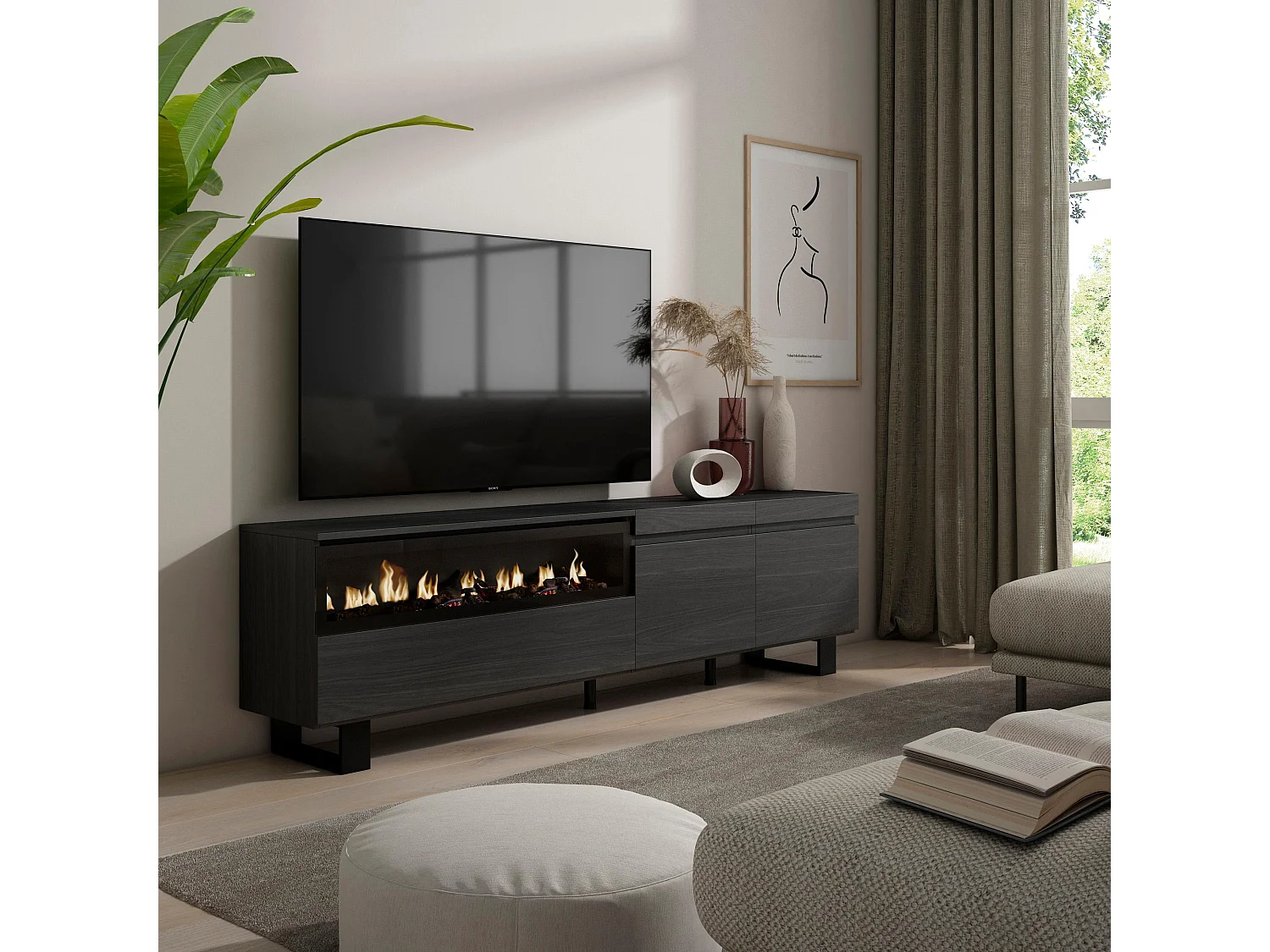 TV-Meubel, Lowboard, 200x35x57cm, Voor tv's tot 80", Elektrische haard, Industrieel design, Zwart