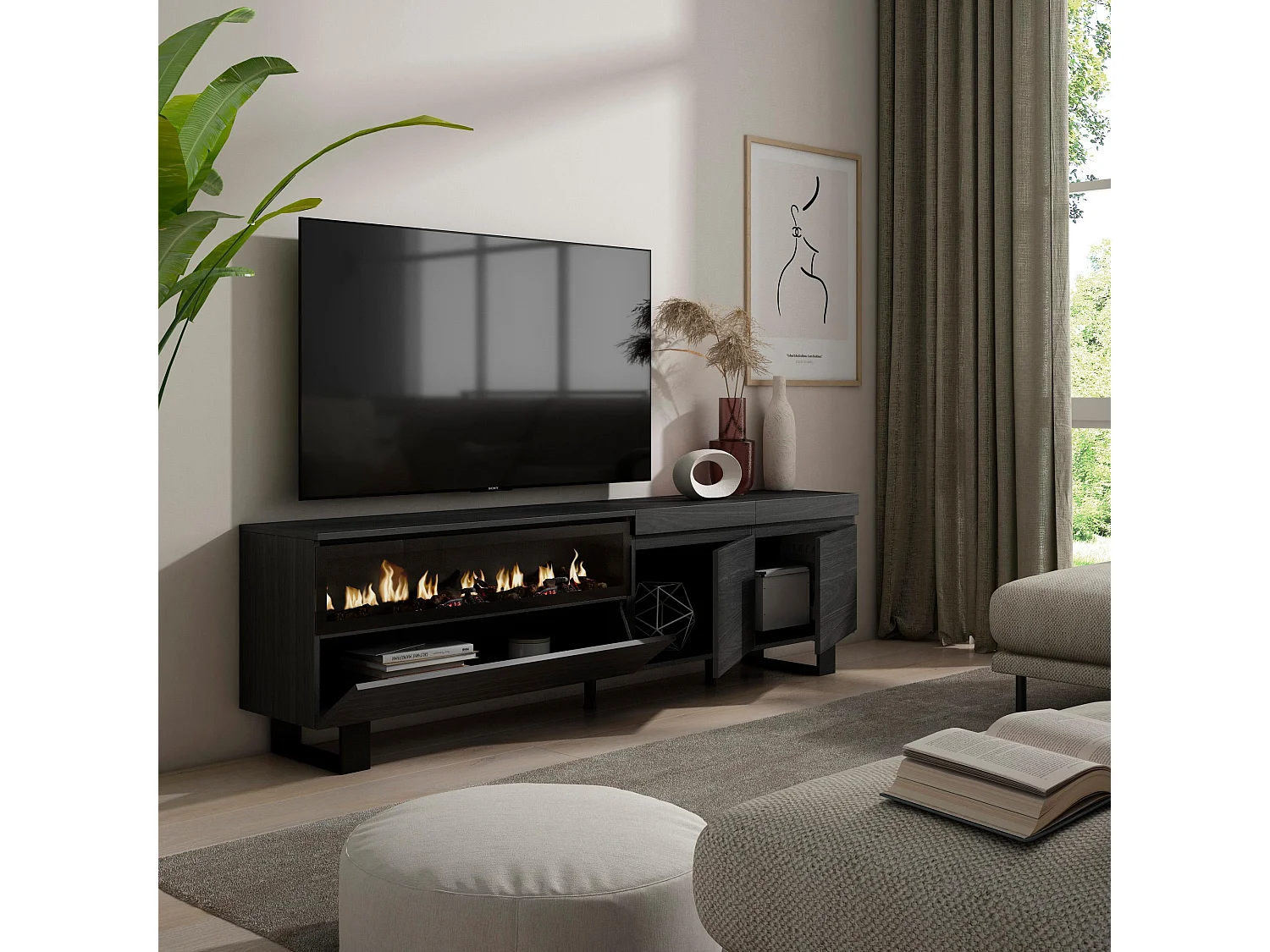 TV-Meubel, Lowboard, 200x35x57cm, Voor tv's tot 80", Elektrische haard, Industrieel design, Zwart