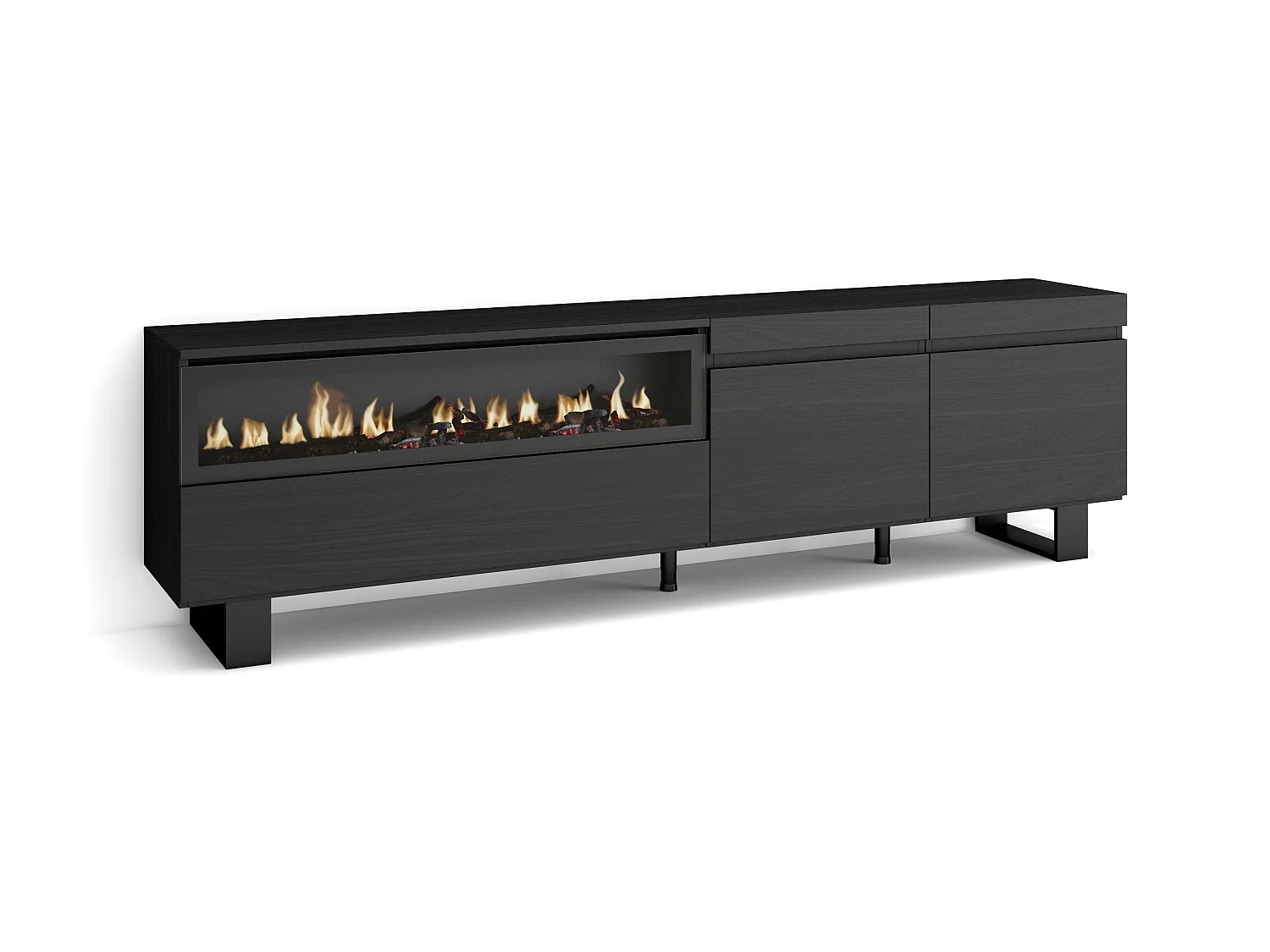 TV-Meubel, Lowboard, 200x35x57cm, Voor tv's tot 80", Elektrische haard, Industrieel design, Zwart