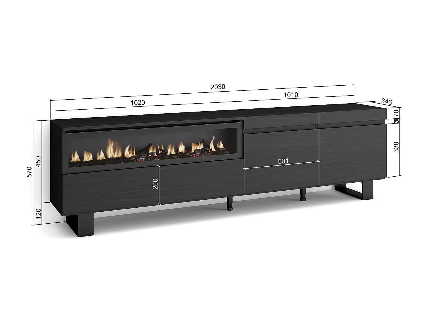 Meuble TV, Banc Télé, 200x35x57cm, Pour les TV jusqu'à 80", Cheminée électrique, Design industriel, Noir