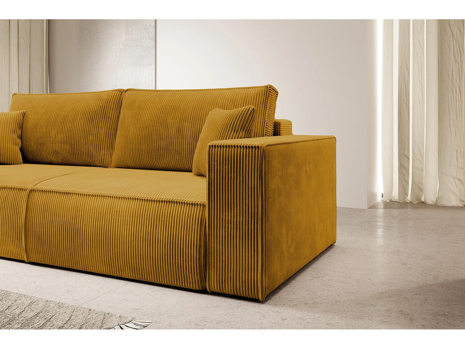 Canapé convertible 3 places en tissu côtelé jaune moutarde