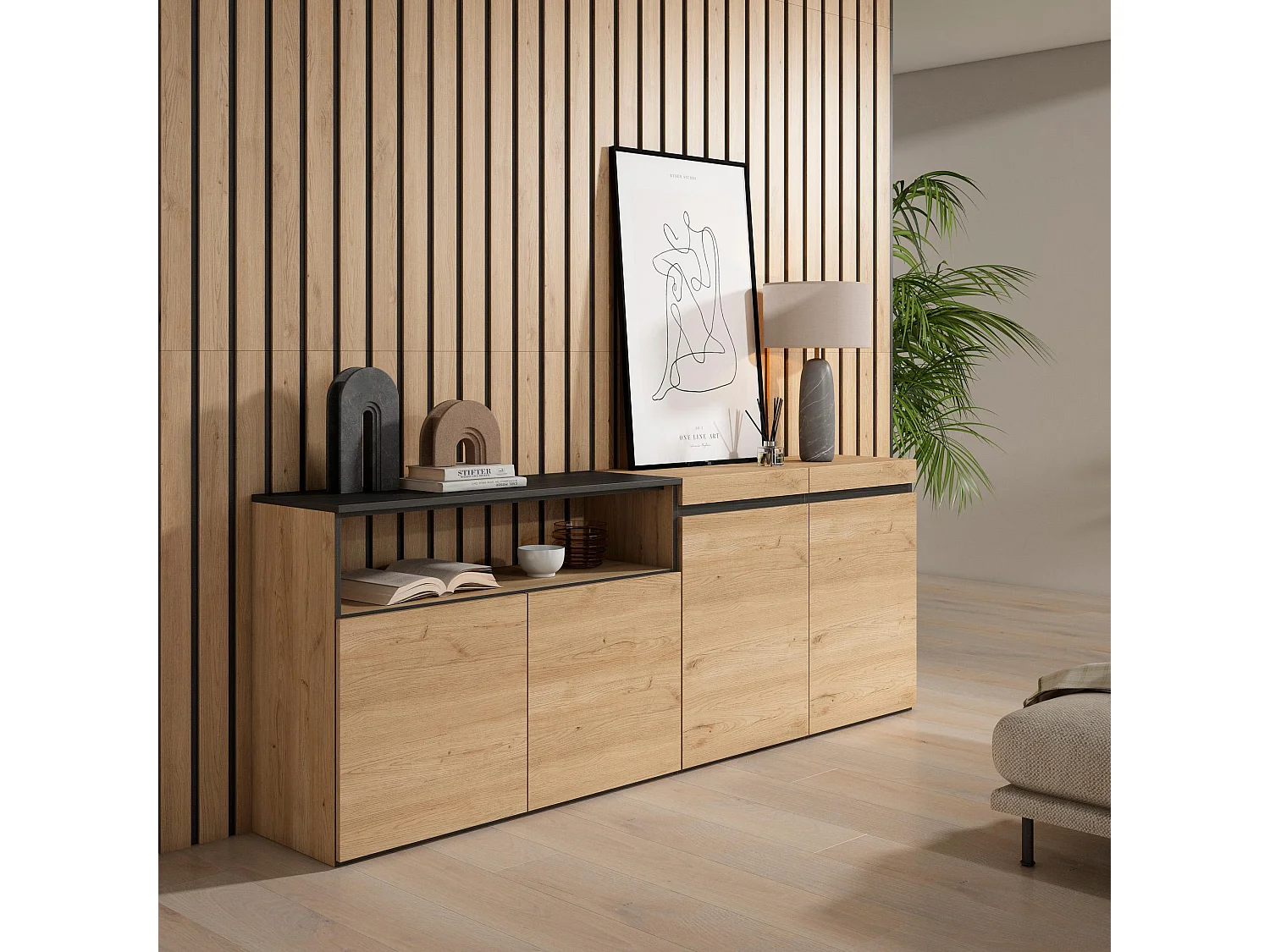 Credenza, Mobile, Cucina, 200x35x75cm, 4 Porte, grande stoccaggio, Rovere e nero