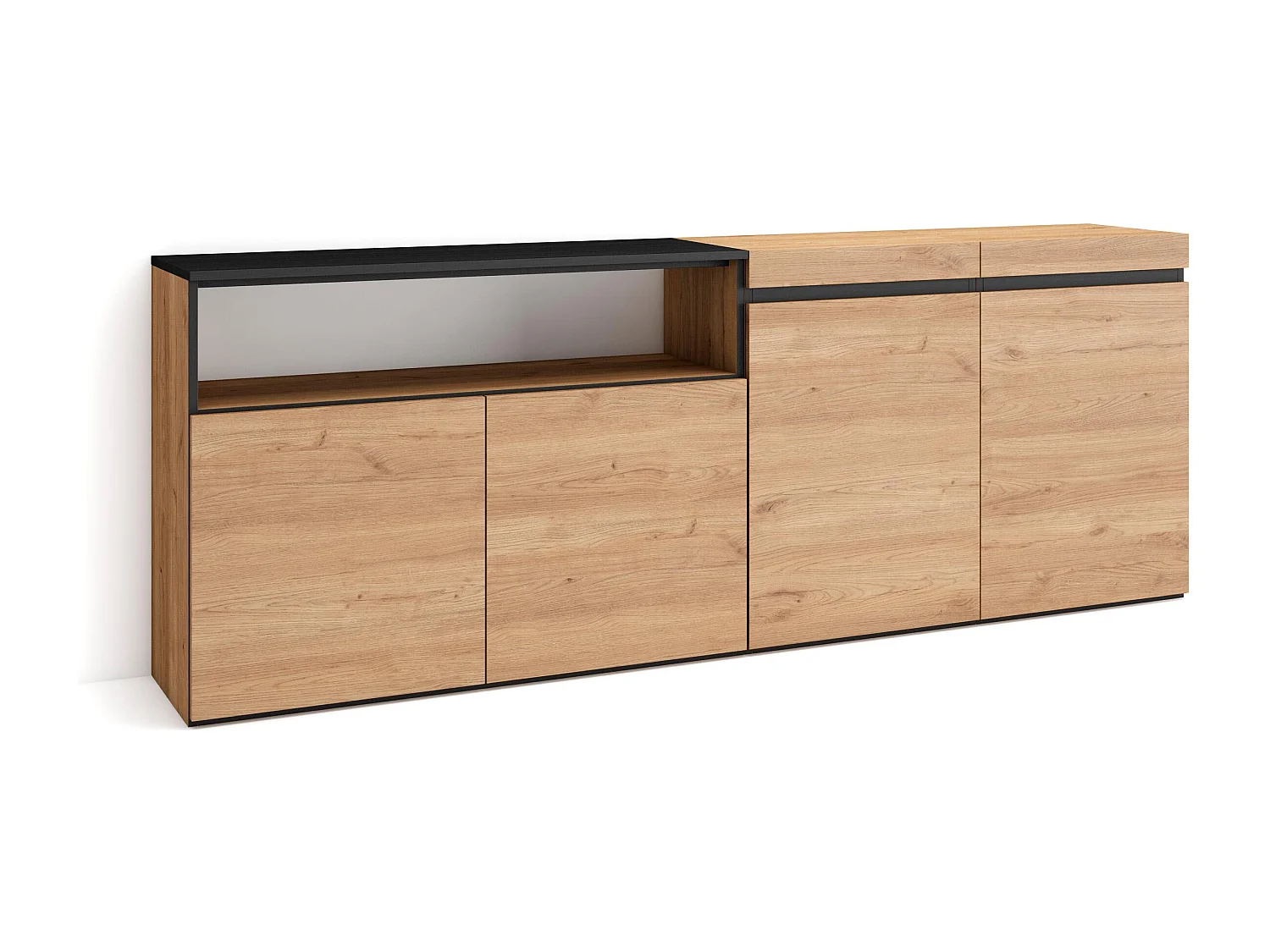 Credenza, Mobile, Cucina, 200x35x75cm, 4 Porte, grande stoccaggio, Rovere e nero
