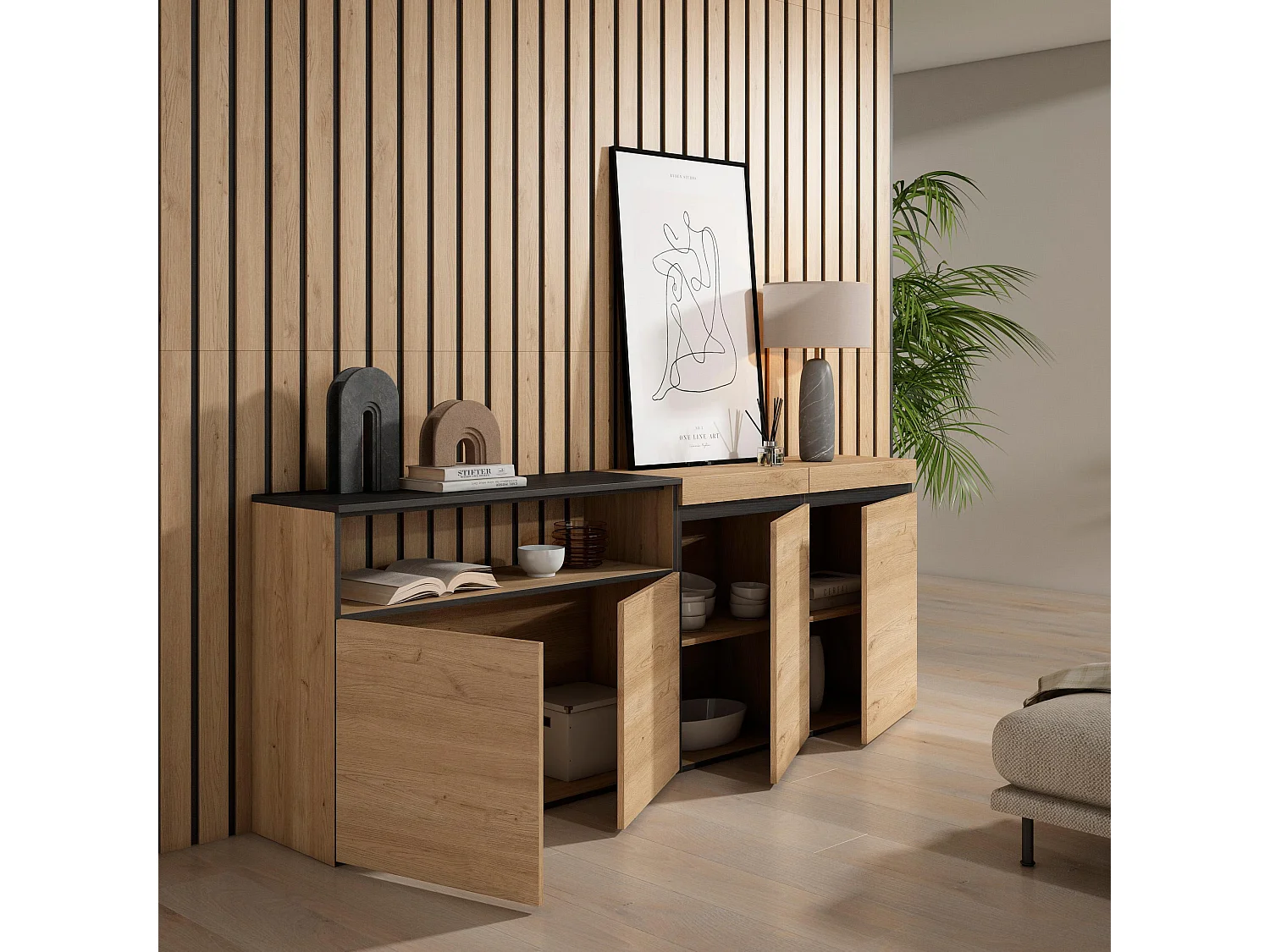 Credenza, Mobile, Cucina, 200x35x75cm, 4 Porte, grande stoccaggio, Rovere e nero
