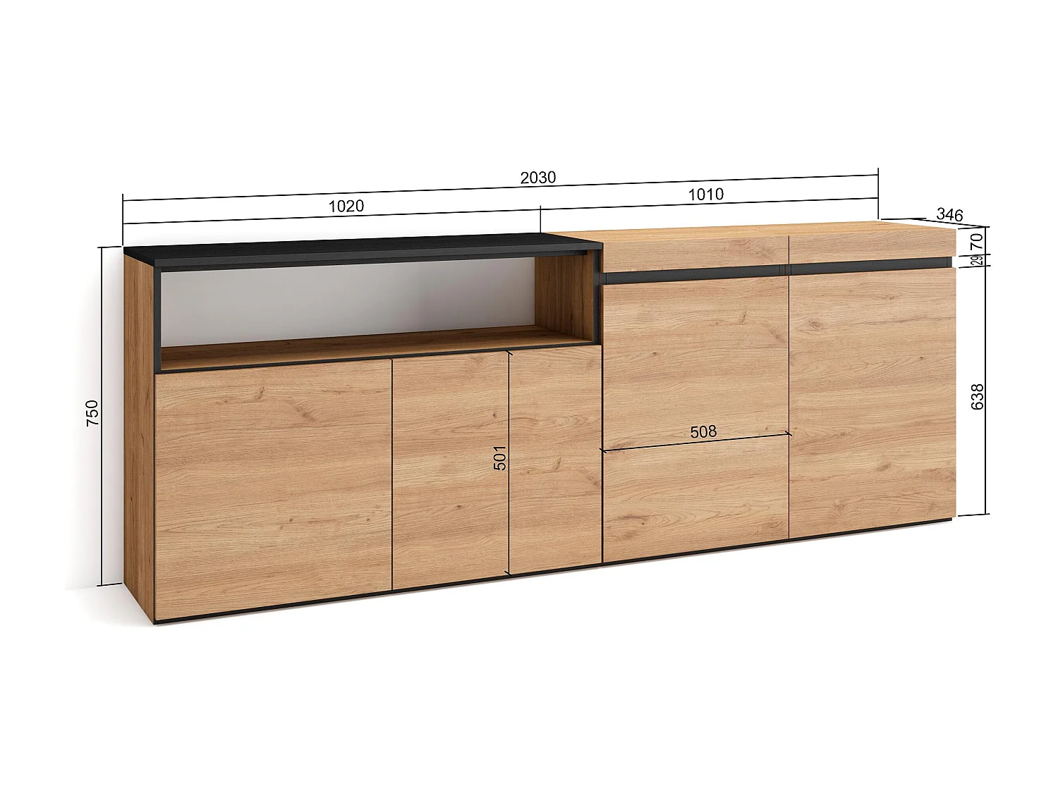 Credenza, Mobile, Cucina, 200x35x75cm, 4 Porte, grande stoccaggio, Rovere e nero