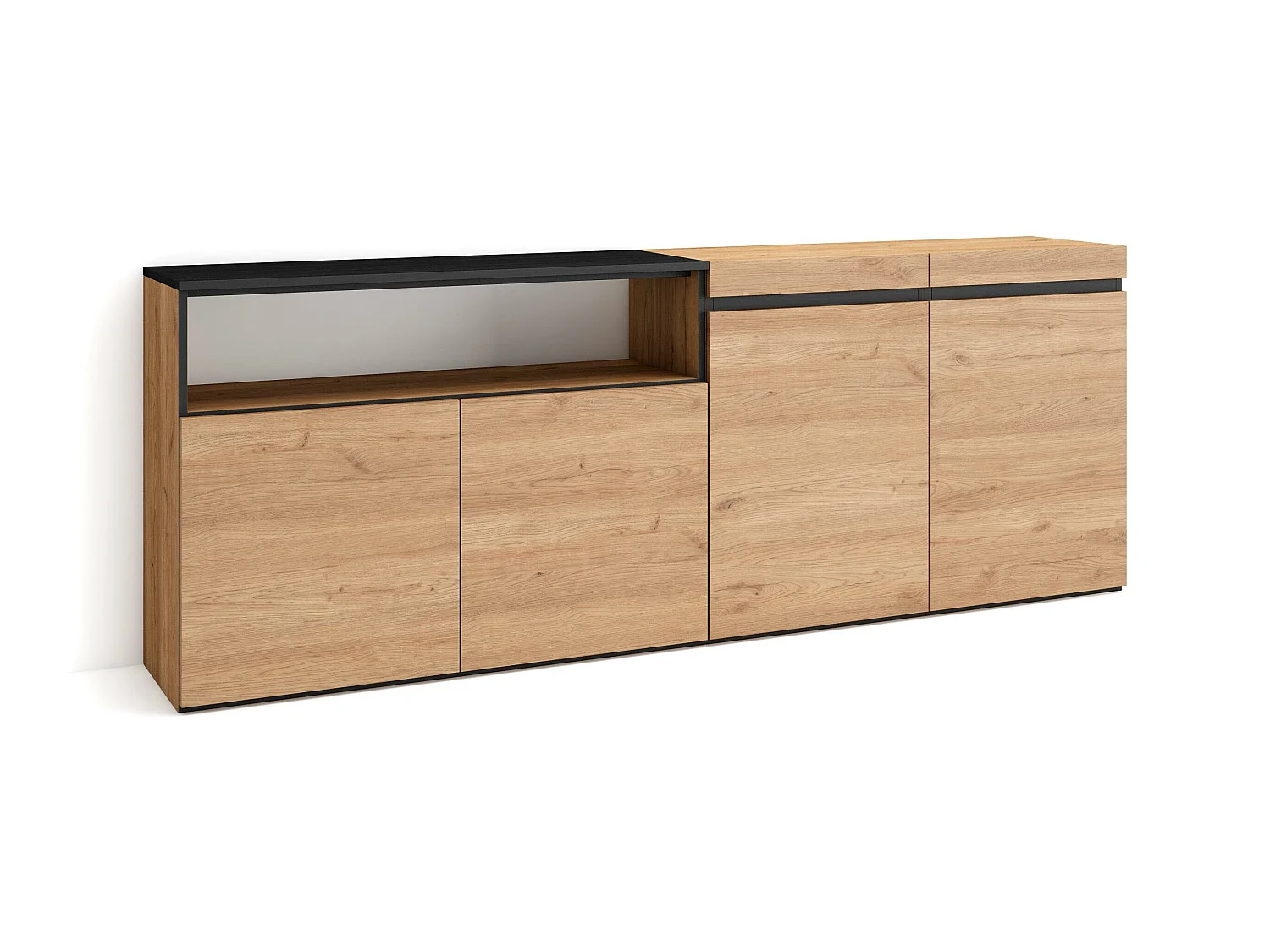 Buffet salon et cuisine, 200x75x35cm, 4 Portes, Meuble chaussure, Chêne et noir
