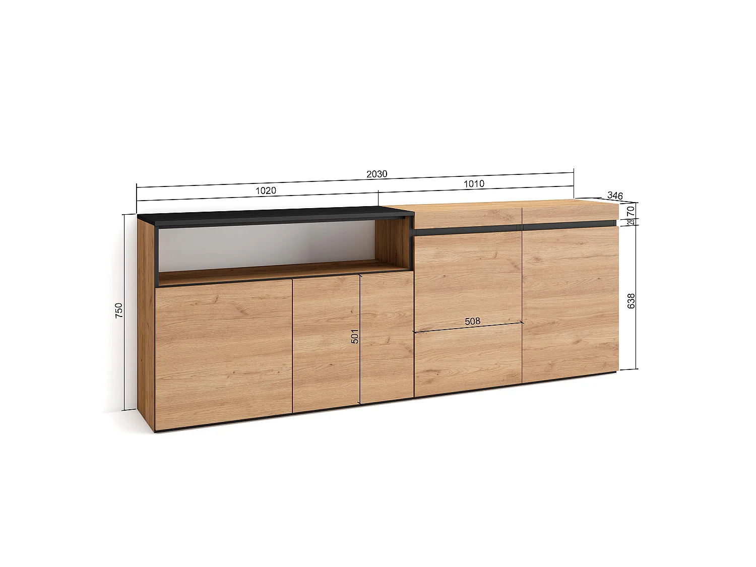 Aparadores para salón, 200x35x75cm, 4 Puertas, Armario, zapatero, Roble y negro