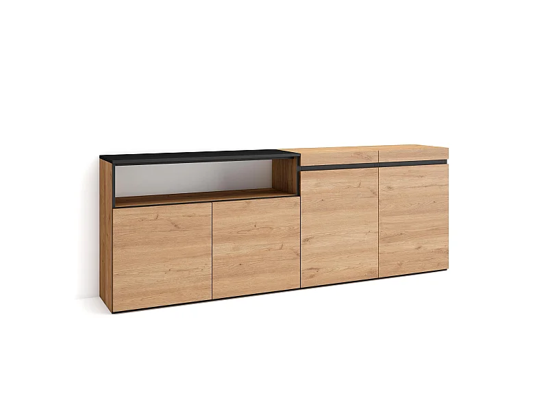Credenza, Mobile, Cucina, 200x35x75cm, 4 Porte, grande stoccaggio, Rovere e nero