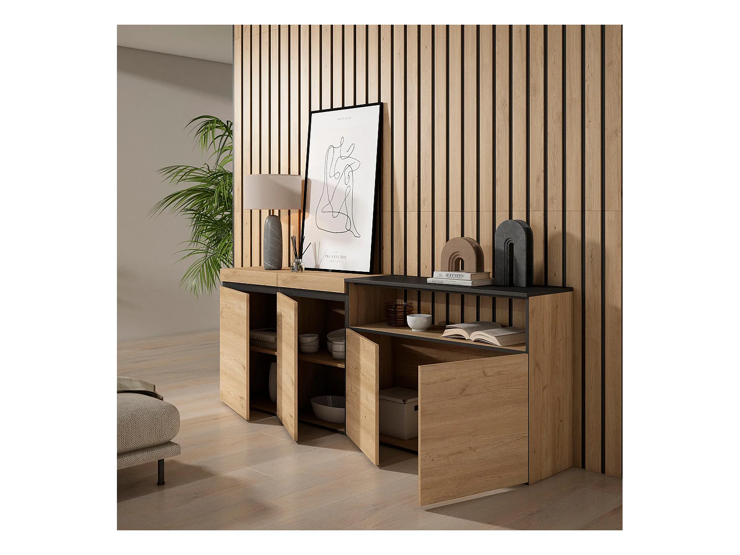 Sideboard, Highboard, 200x35x75cm, 4 Türen, Wohnzimmer, Küche, Eiche Schwarz