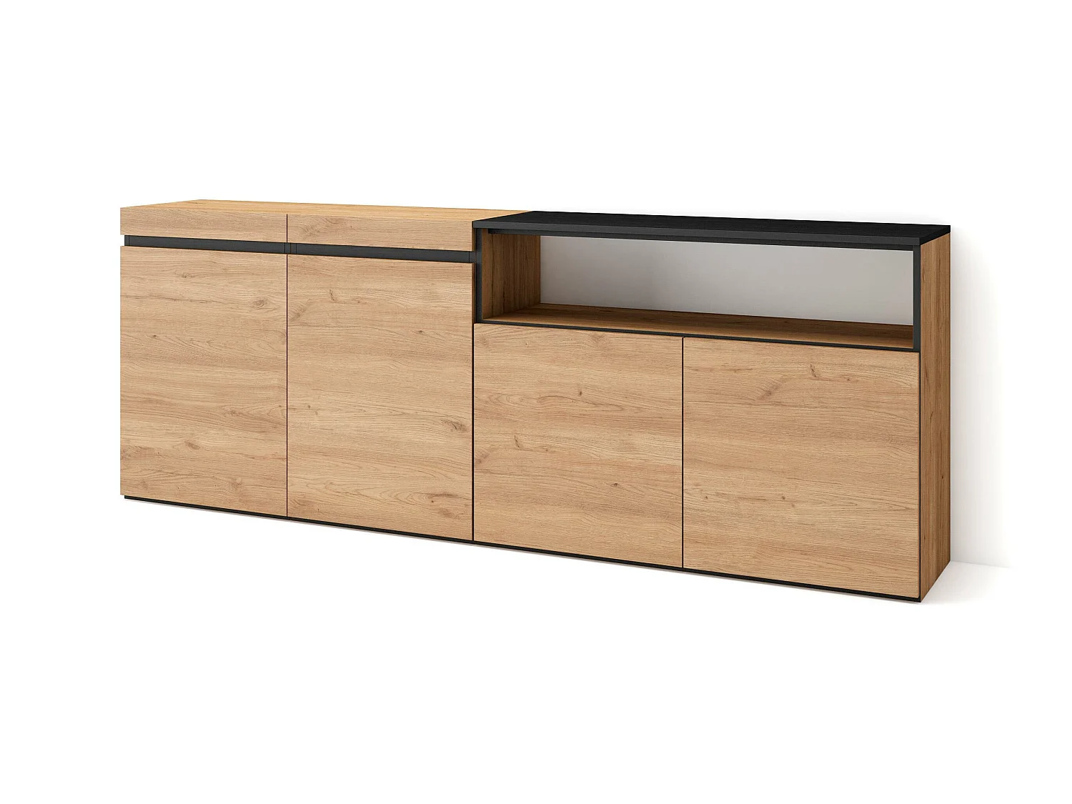 Buffet salon et cuisine, 200x75x35cm, 4 Portes, Meuble chaussure, Chêne et noir