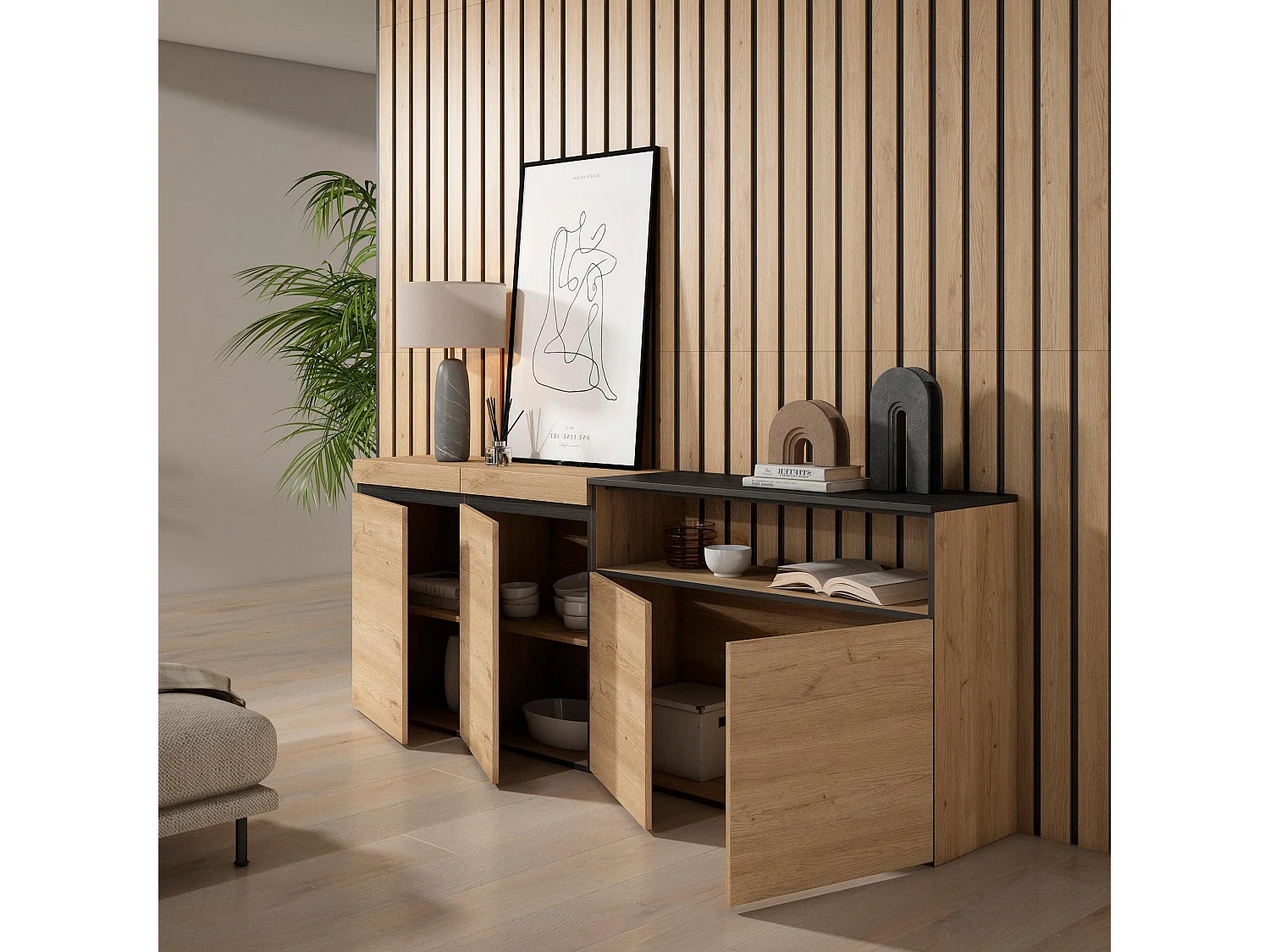 Aparadores para salón, 200x35x75cm, 4 Puertas, Armario, zapatero, Roble y negro