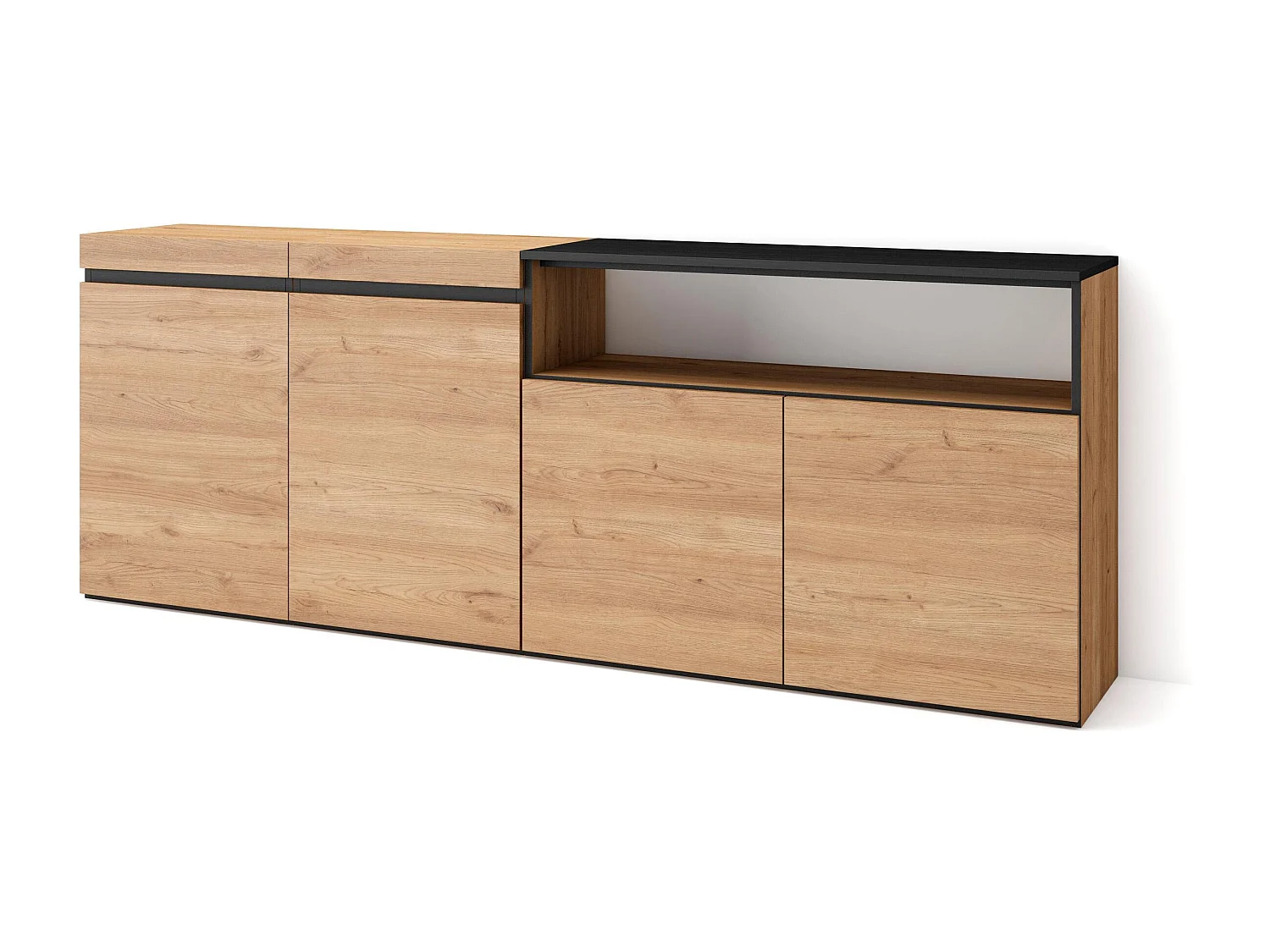 Buffet salon et cuisine, 200x75x35cm, 4 Portes, Meuble chaussure, Chêne et noir