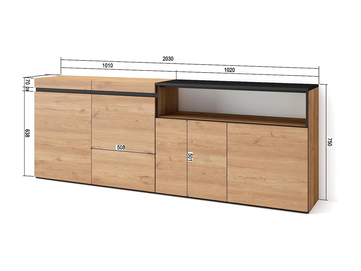 Buffet salon et cuisine, 200x75x35cm, 4 Portes, Meuble chaussure, Chêne et noir