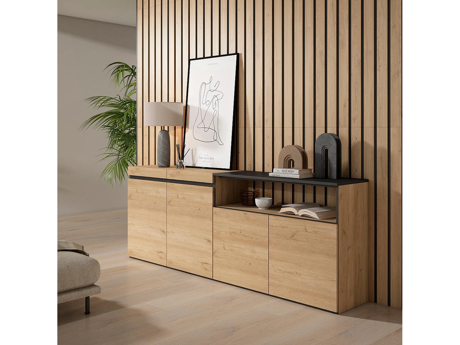 Aparadores para salón, 200x35x75cm, 4 Puertas, Armario, zapatero, Roble y negro