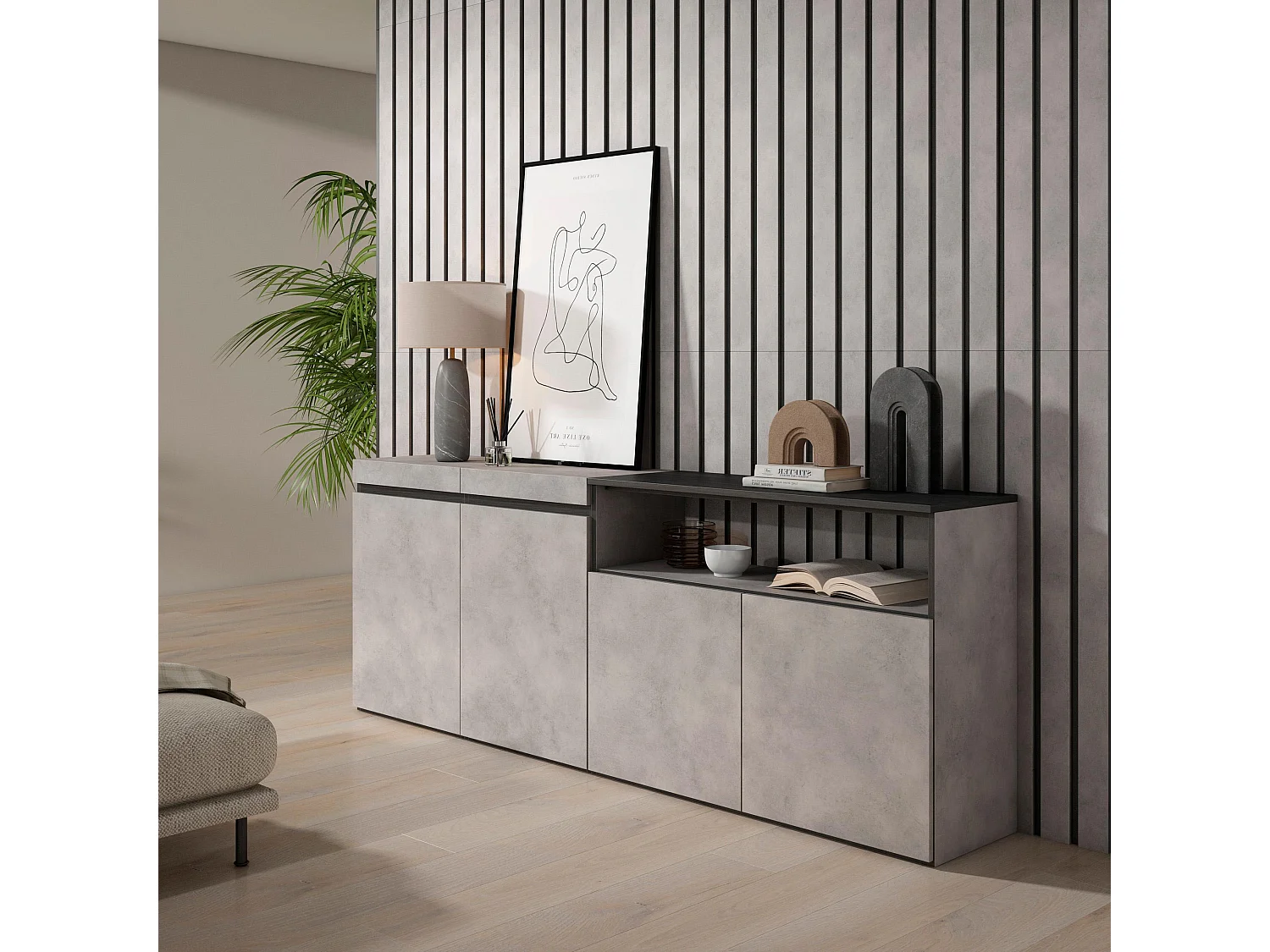 Credenza, Mobile, Cucina, 200x35x75cm, 4 Porte, grande stoccaggio, Cemento