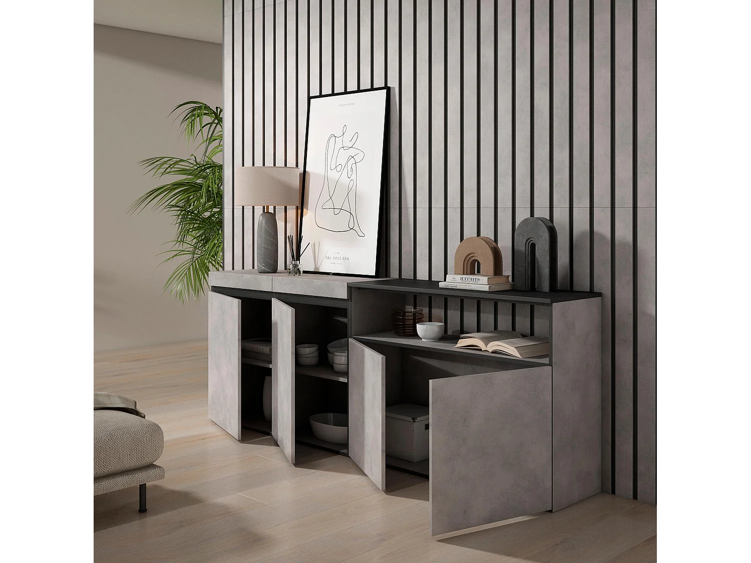 Credenza, Mobile, Cucina, 200x35x75cm, 4 Porte, grande stoccaggio, Cemento