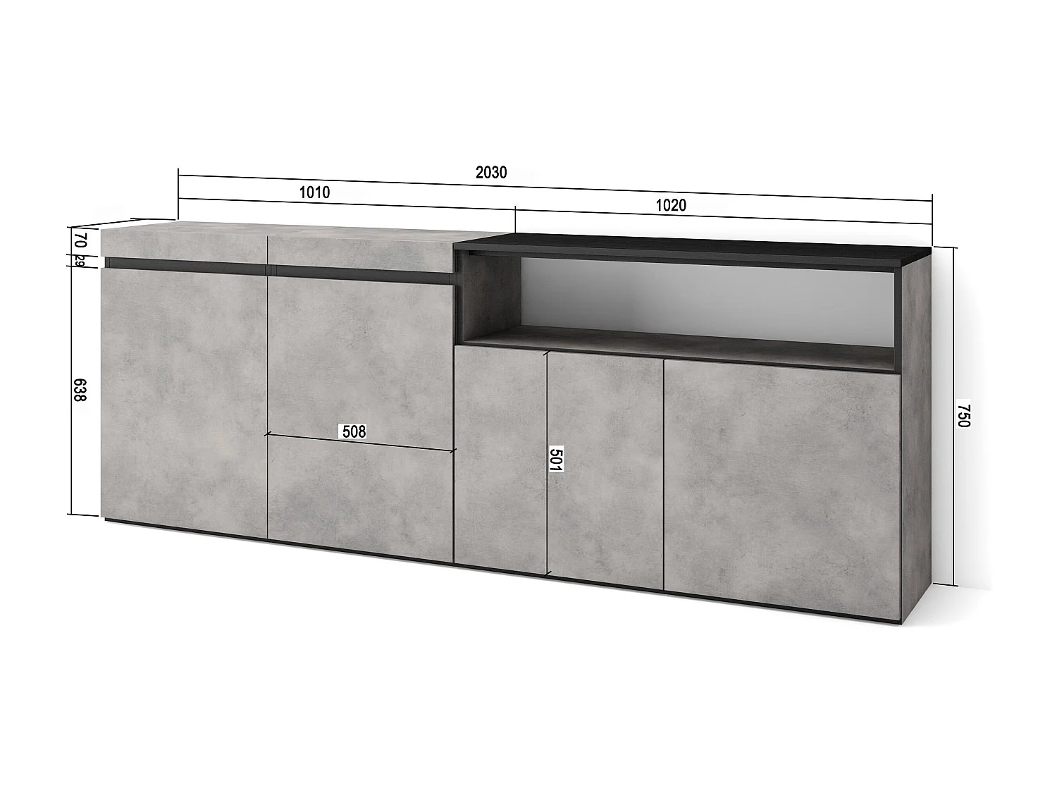 Credenza, Mobile, Cucina, 200x35x75cm, 4 Porte, grande stoccaggio, Cemento