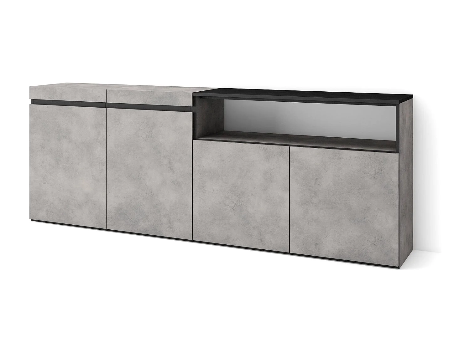 Credenza, Mobile, Cucina, 200x35x75cm, 4 Porte, grande stoccaggio, Cemento