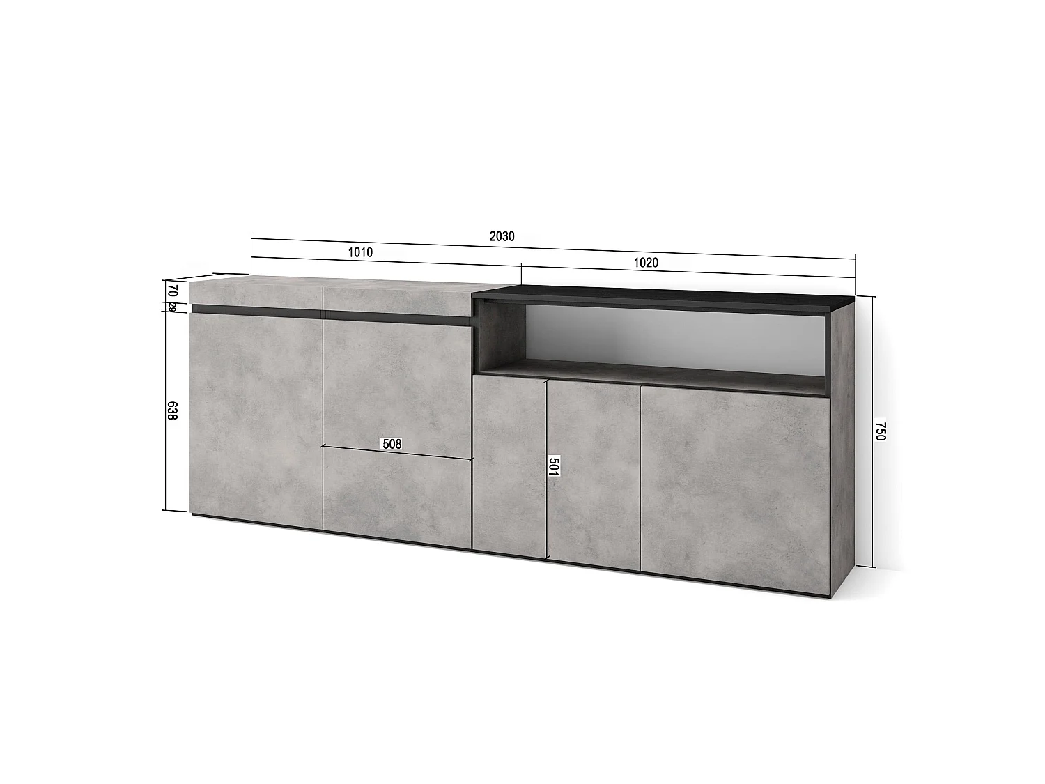 Credenza, Mobile, Cucina, 200x35x75cm, 4 Porte, grande stoccaggio, Cemento