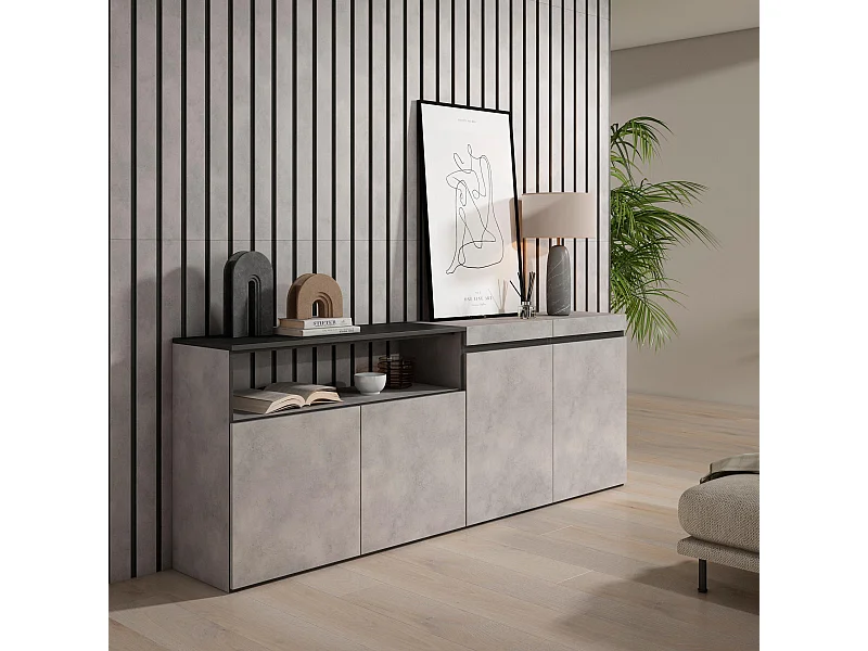 Buffet salon et cuisine, 200x75x35cm, 4 Portes, Meuble chaussure, Ciment