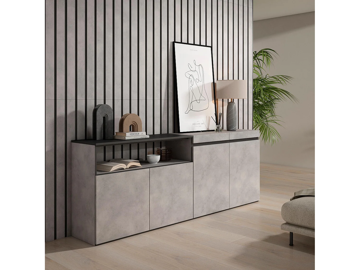 Buffet salon et cuisine, 200x75x35cm, 4 Portes, Meuble chaussure, Ciment