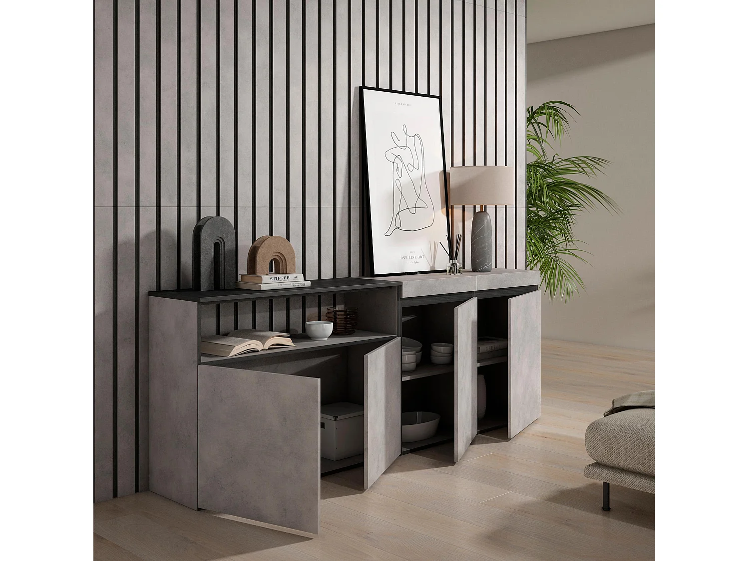 Buffet salon et cuisine, 200x75x35cm, 4 Portes, Meuble chaussure, Ciment