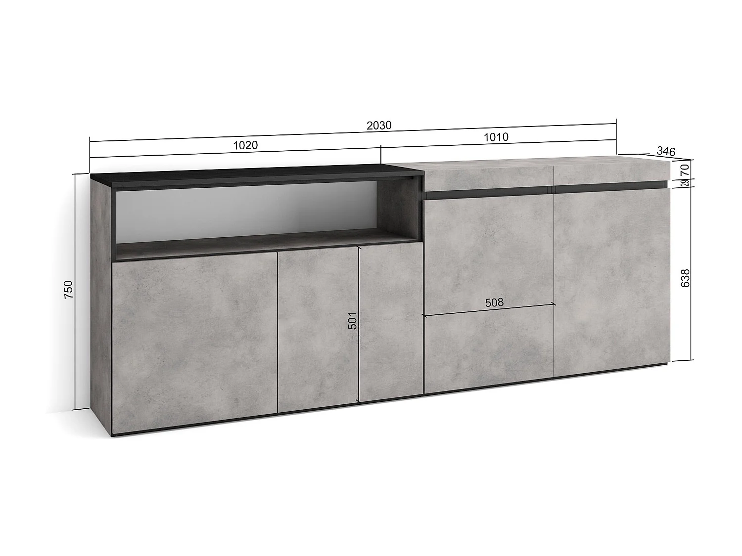 Buffet salon et cuisine, 200x75x35cm, 4 Portes, Meuble chaussure, Ciment