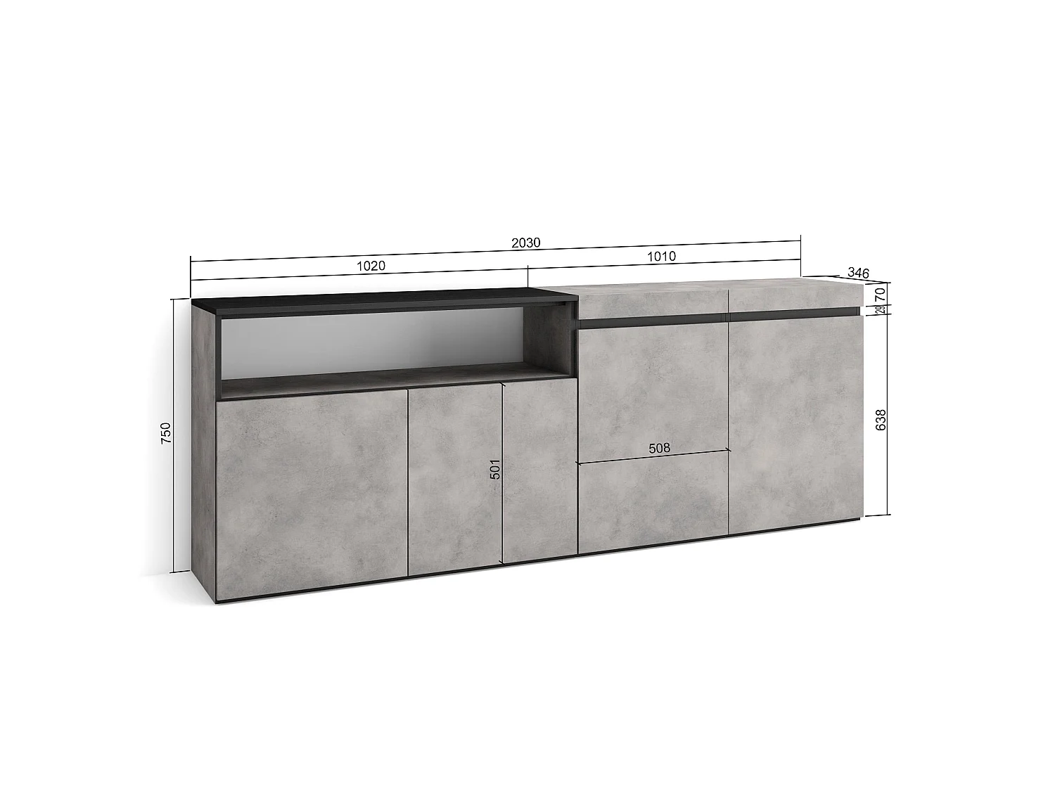 Credenza, Mobile, Cucina, 200x35x75cm, 4 Porte, grande stoccaggio, Cemento