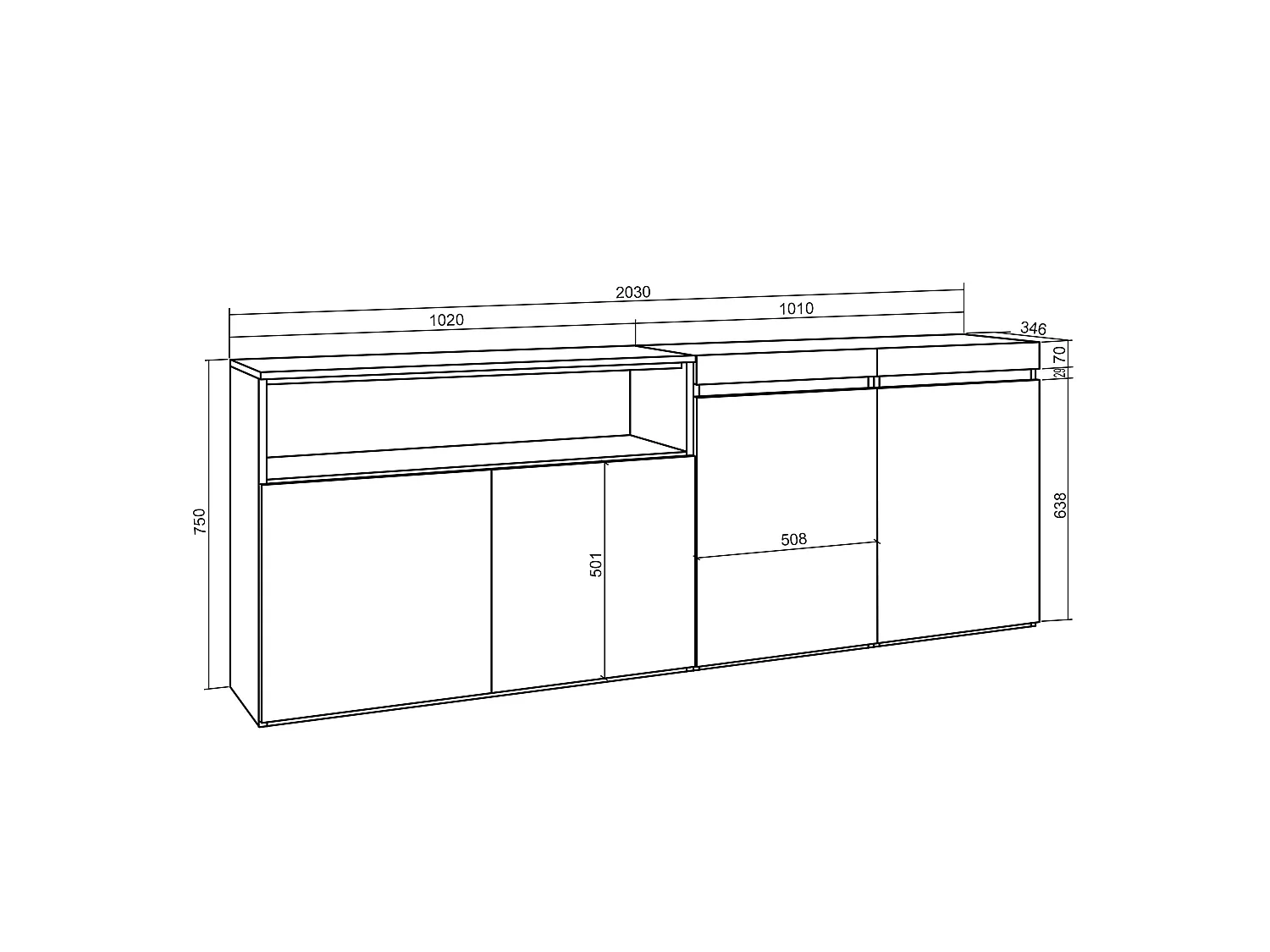 Credenza, Mobile, Cucina, 200x35x75cm, 4 Porte, grande stoccaggio, Cemento