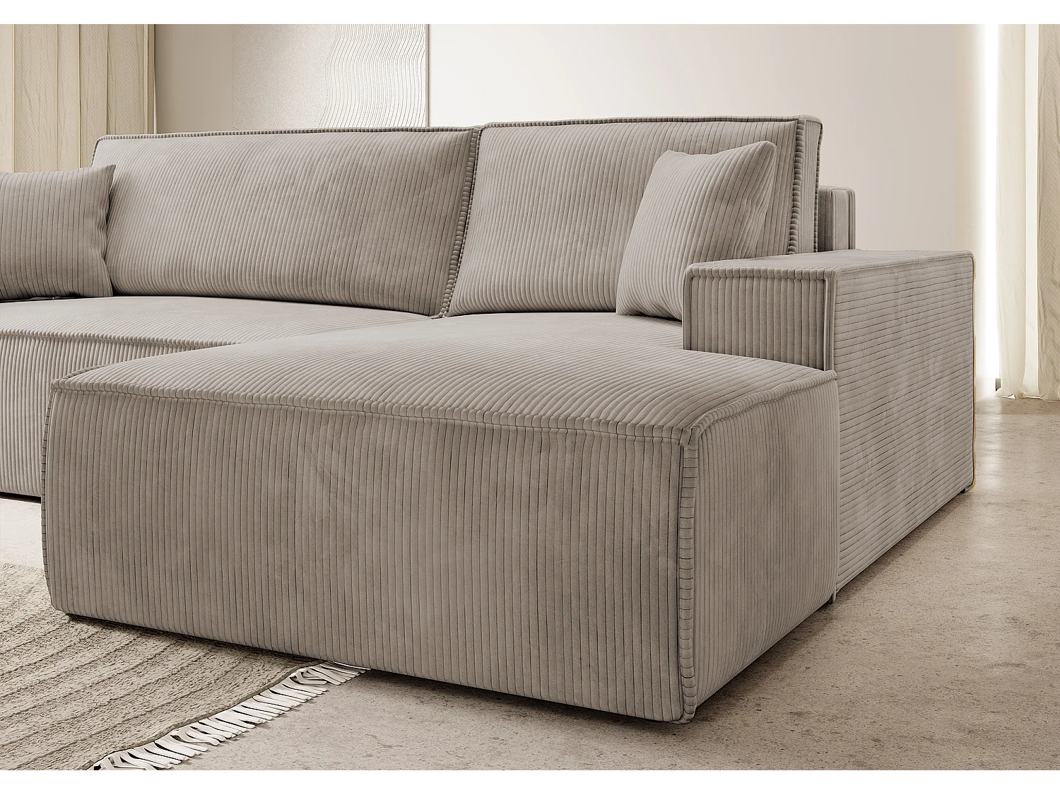 Ecksofa mit Schlaffunktion und Bettkasten - 267 cm - Ottomane rechts - Cordbezug in Beige - FARESE NEW