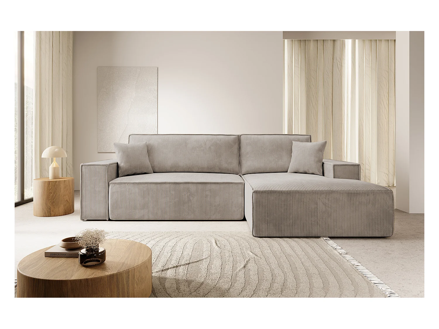 Canapé d'angle NEW - 267 cm - en L avec coffre de rangement canapé droit en velours côtelé beige - FARESE NEW