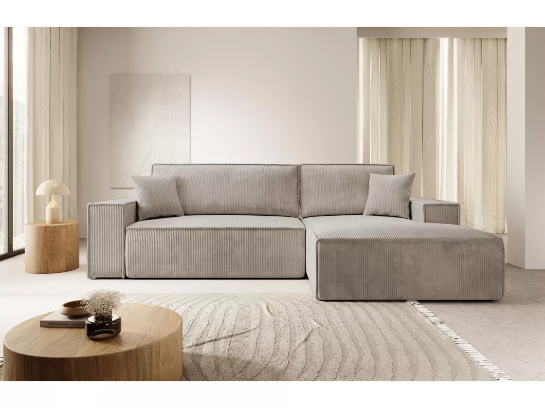 Kauf Unique Ecksofa mit Schlaffunktion und Bettkasten - 267 cm - Ottomane rechts - Cordbezug in Beige - FARESE NEW