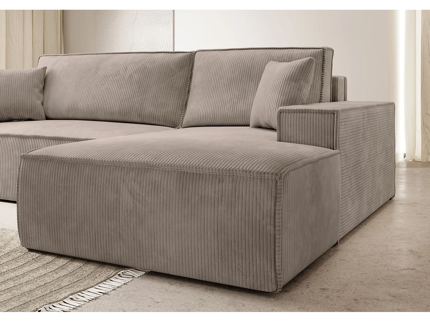 Canapé d'angle NEW - 267 cm - en L avec coffre de rangement canapé droit en velours côtelé beige - FARESE NEW