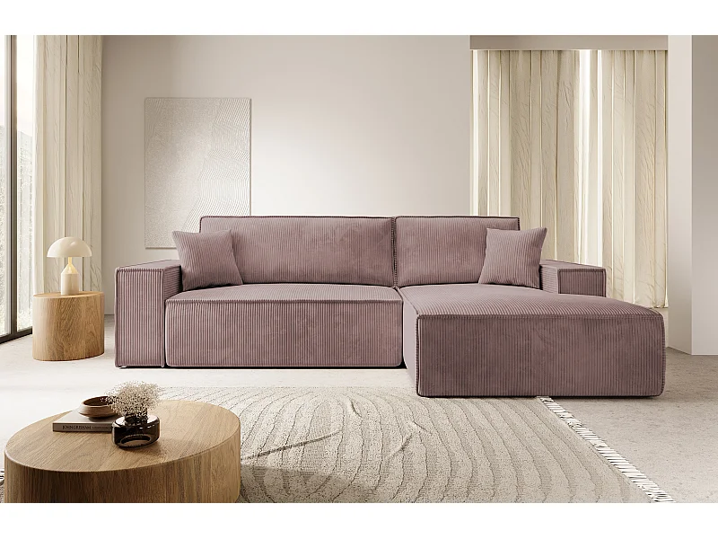 Ecksofa Farese mit Schlaffunktion und Bettkasten - 267 cm - Ottomane rechts - Cordbezug in Rosa - FARESE NEW
