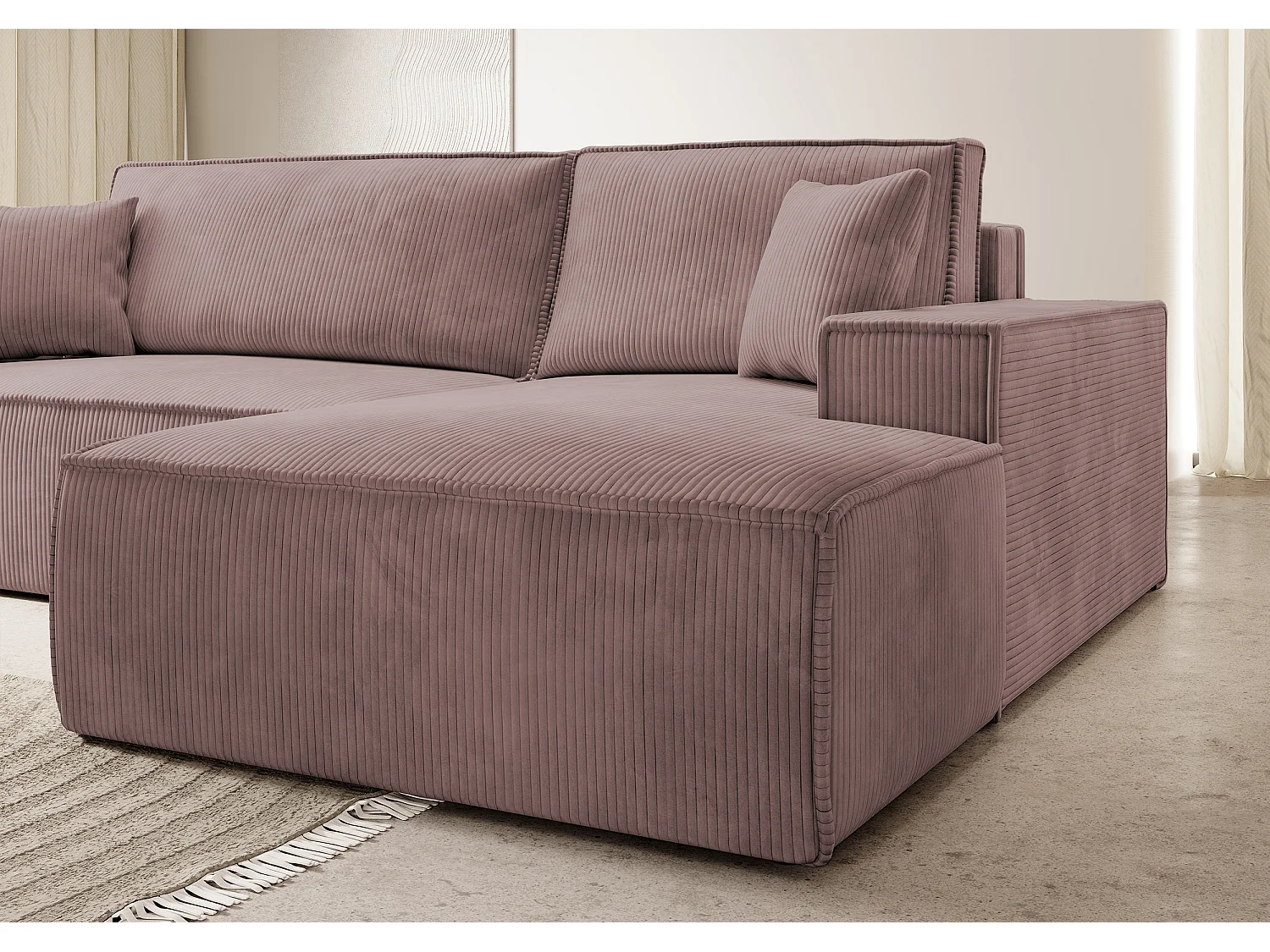 Ecksofa Farese mit Schlaffunktion und Bettkasten - 267 cm - Ottomane rechts - Cordbezug in Rosa - FARESE NEW