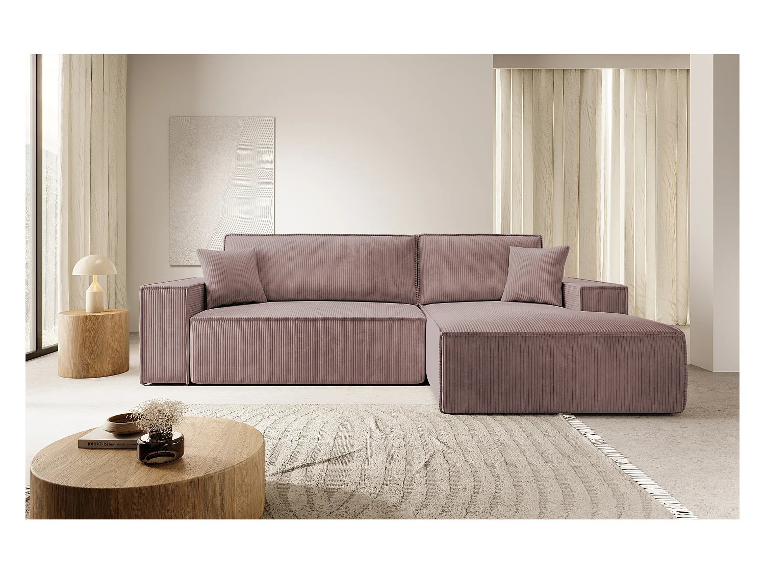 Canapé d'angle NEW - 267 cm - en L avec coffre de rangement Canapé droit en velours côtelé rose - FARESE NEW