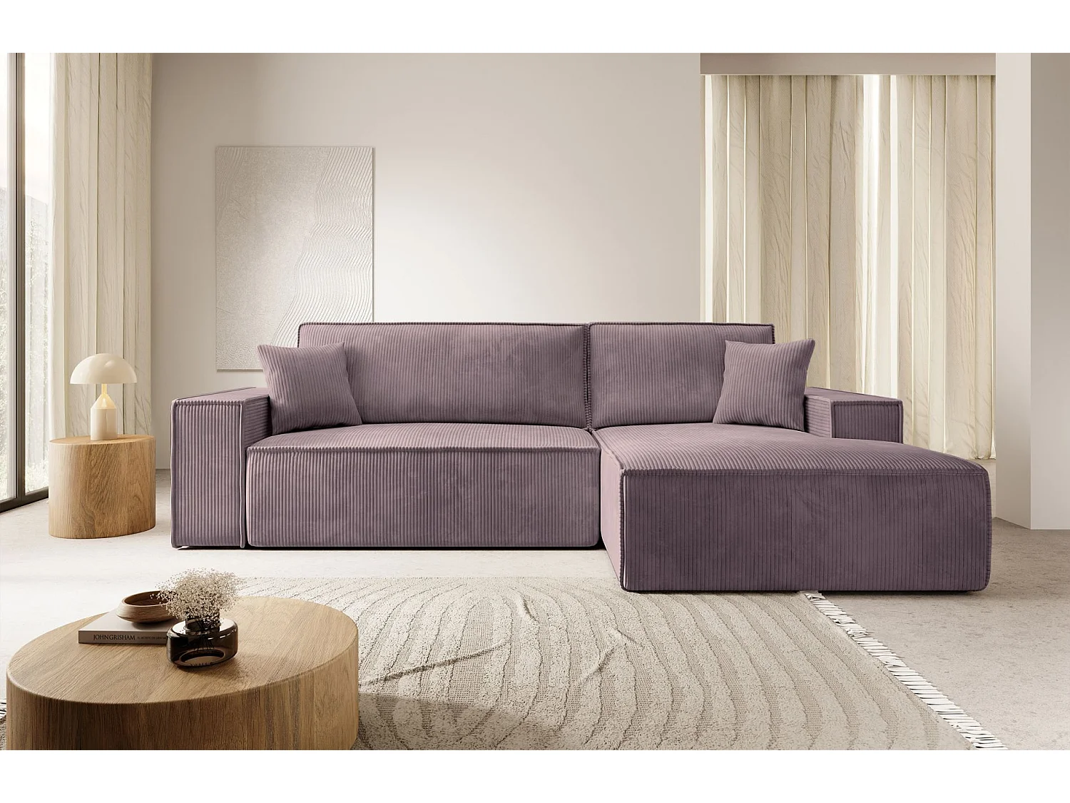 Canapé d'angle NEW - 267 cm - en L avec coffre de rangement Canapé droit en velours côtelé rose - FARESE NEW