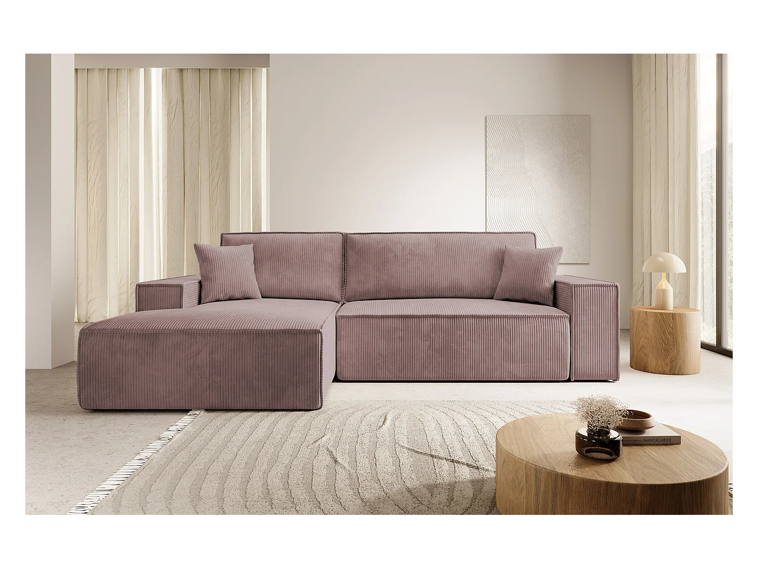 Canapé d'angle NEW - 267 cm - en L avec coffre de rangement canapé gauche en velours côtelé rose - FARESE NEW