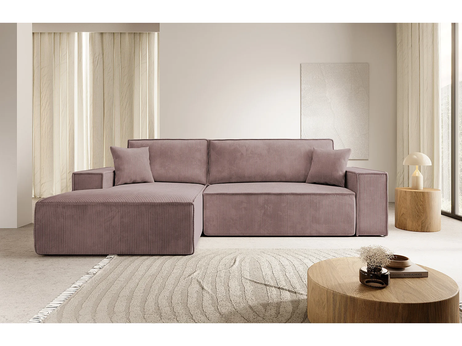 Canapé d'angle NEW - 267 cm - en L avec coffre de rangement canapé gauche en velours côtelé rose - FARESE NEW