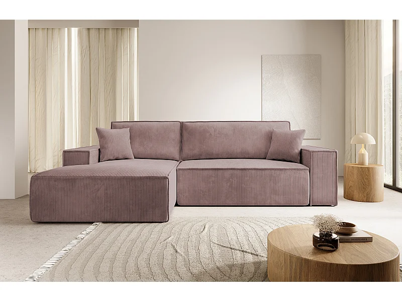 Canapé d'angle NEW - 267 cm - en L avec coffre de rangement canapé gauche en velours côtelé rose - FARESE NEW