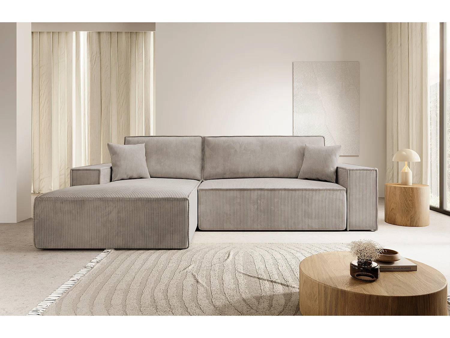 Ecksofa mit Schlaffunktion und Bettkasten - 267 cm - Ottomane links - Cordbezug in Beige - FARESE NEW
